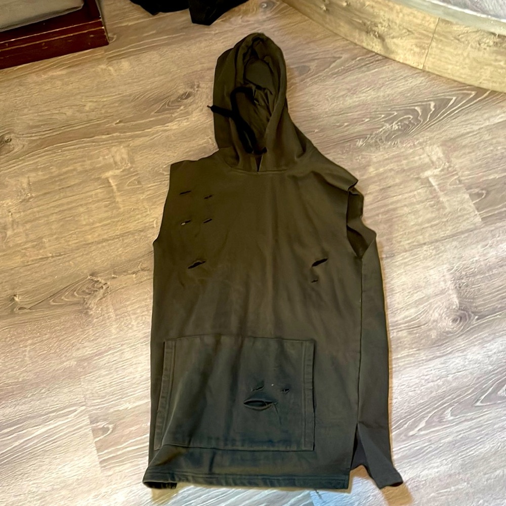 Forever 21 Army Green Slashed Hooded Cut Off Shirt